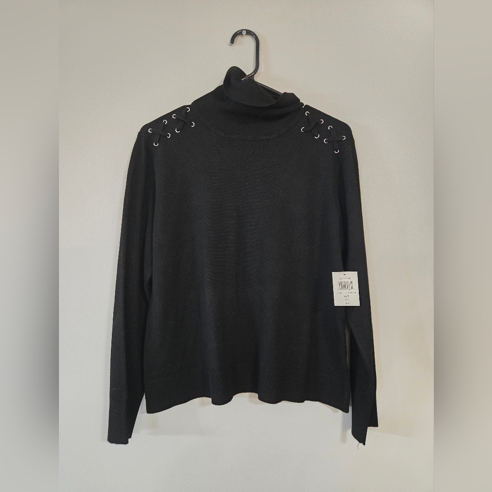 Retrology Black Sweater with Lace-Up Shoulder Detail